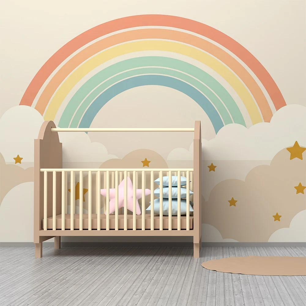Nursery room wallpaper | Rainbow and soft clouds