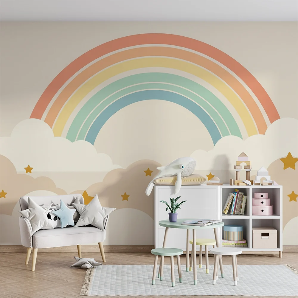 Nursery room wallpaper | Rainbow and soft clouds