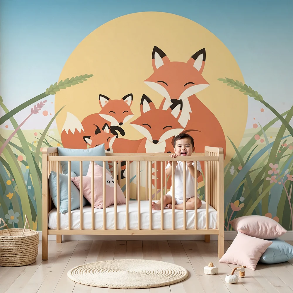 Nursery room wallpaper | Róka család virágos mezőn napon