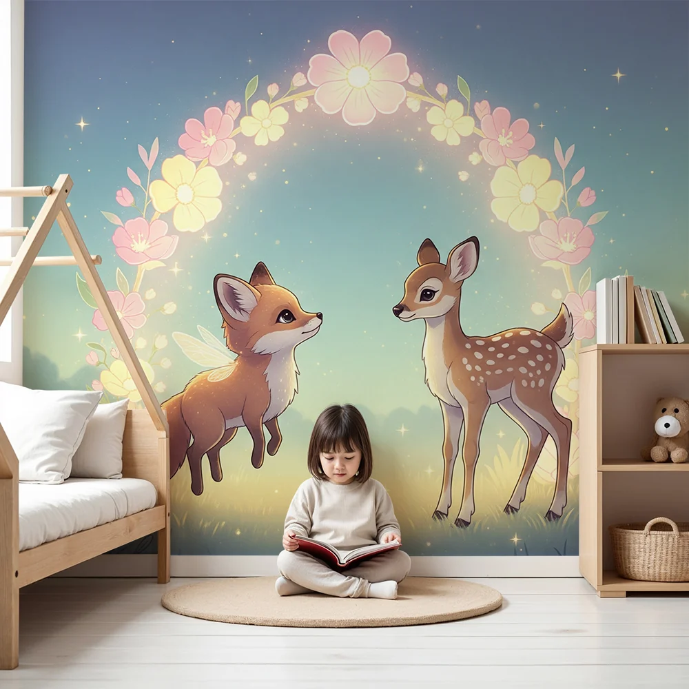 Nursery room wallpaper | Róka és őz egy elbűvölő virágos környezetben