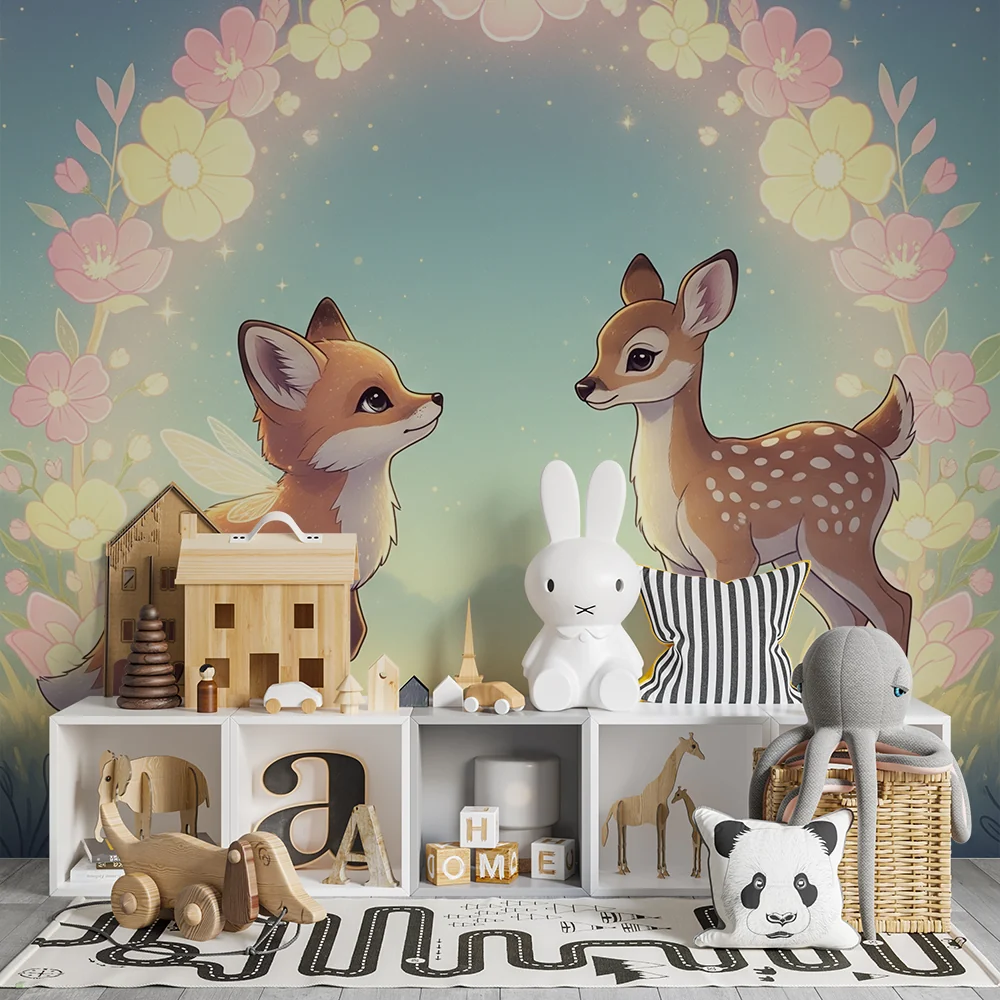 Nursery room wallpaper | Róka és őz egy elbűvölő virágos környezetben