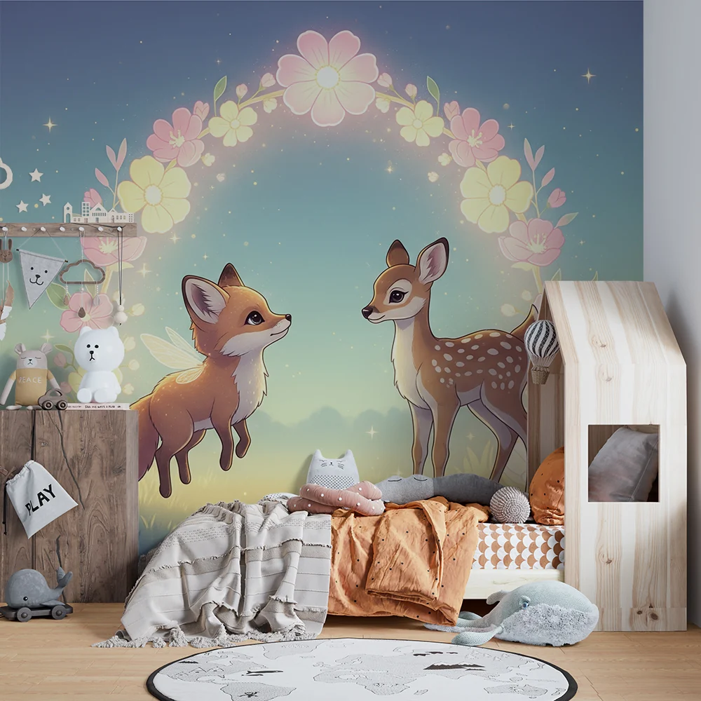 Nursery room wallpaper | Róka és őz egy elbűvölő virágos környezetben