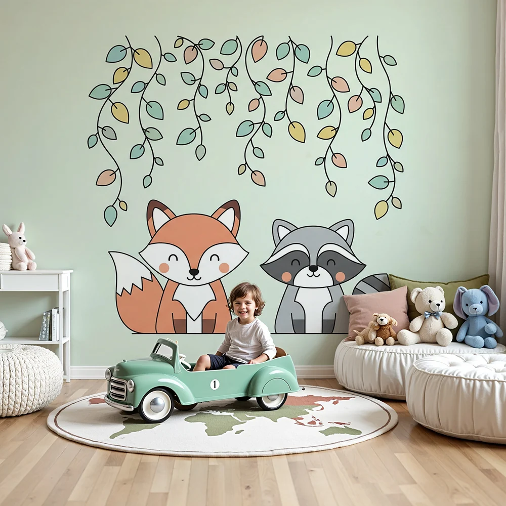 Nursery room wallpaper | Róka és mosómedve finom levelek alatt