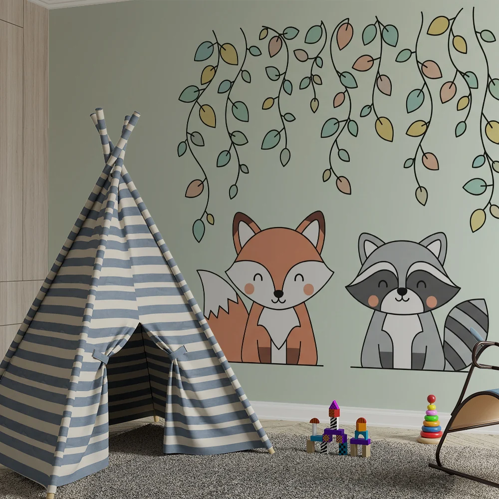 Nursery room wallpaper | Róka és mosómedve finom levelek alatt
