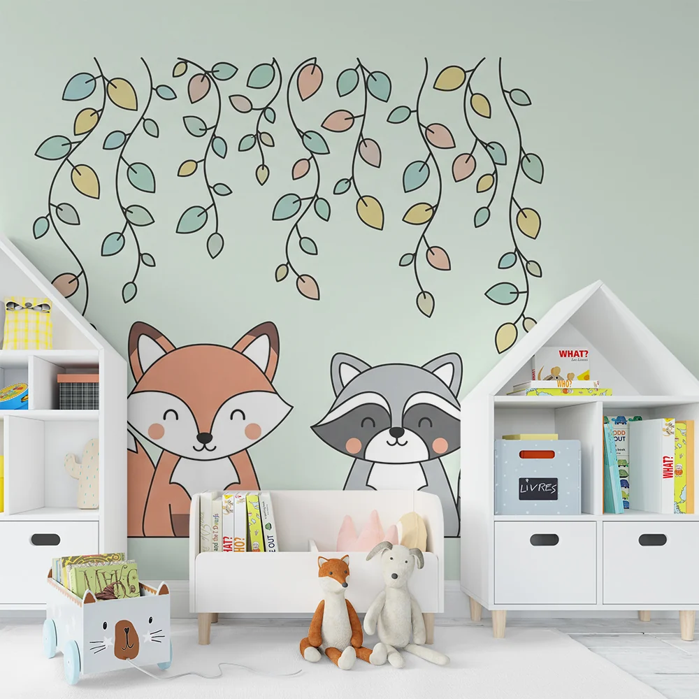 Nursery room wallpaper | Róka és mosómedve finom levelek alatt