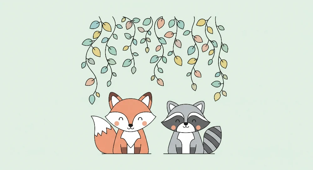 Nursery room wallpaper | Róka és mosómedve finom levelek alatt