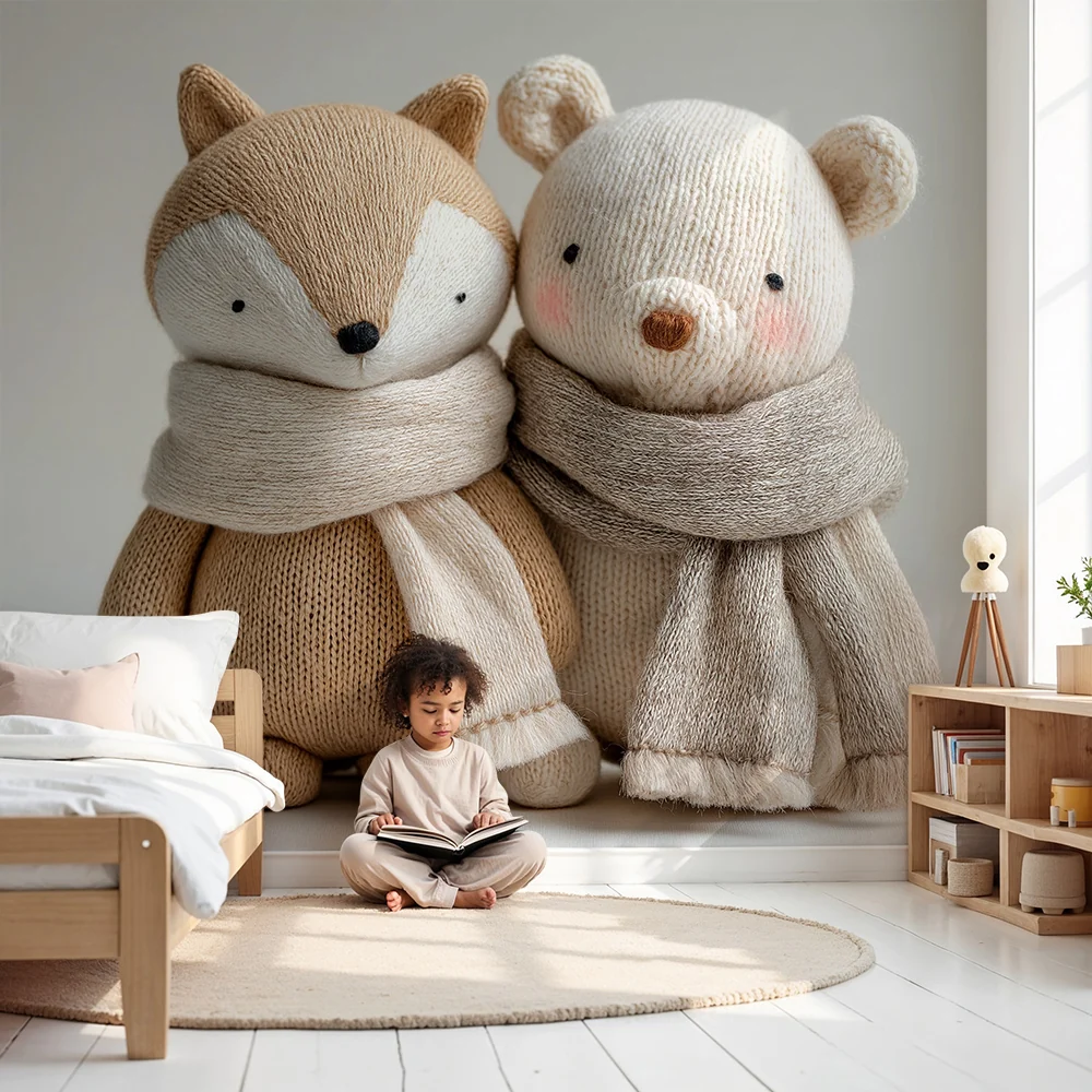 Nursery room wallpaper | Róka és plüss medve selymes sállal