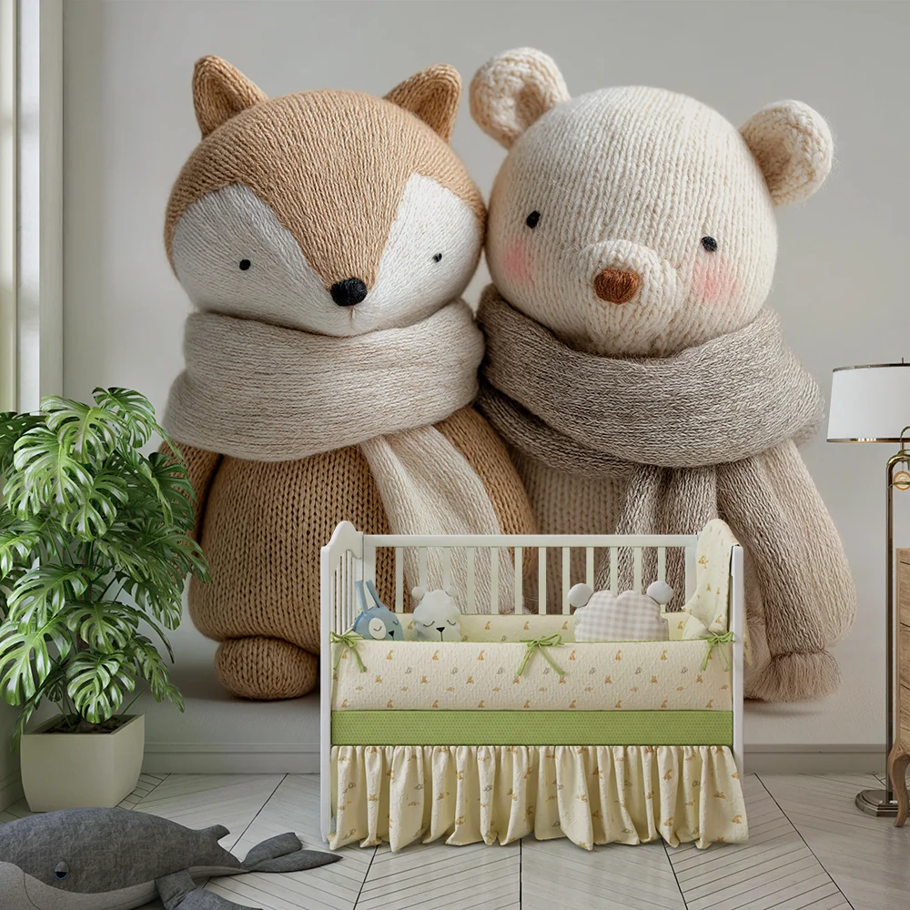Nursery room wallpaper | Róka és plüss medve selymes sállal
