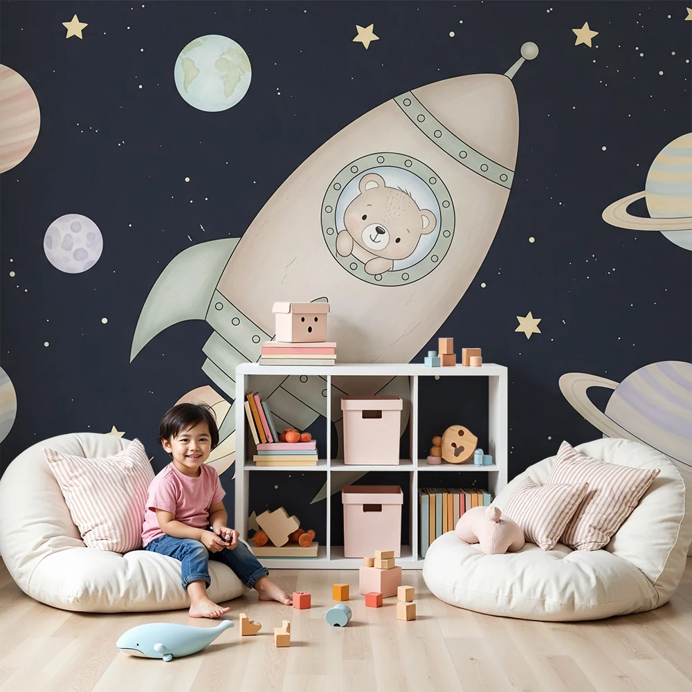 Nursery room wallpaper | Űrkaland kismedvével az űrhajójában