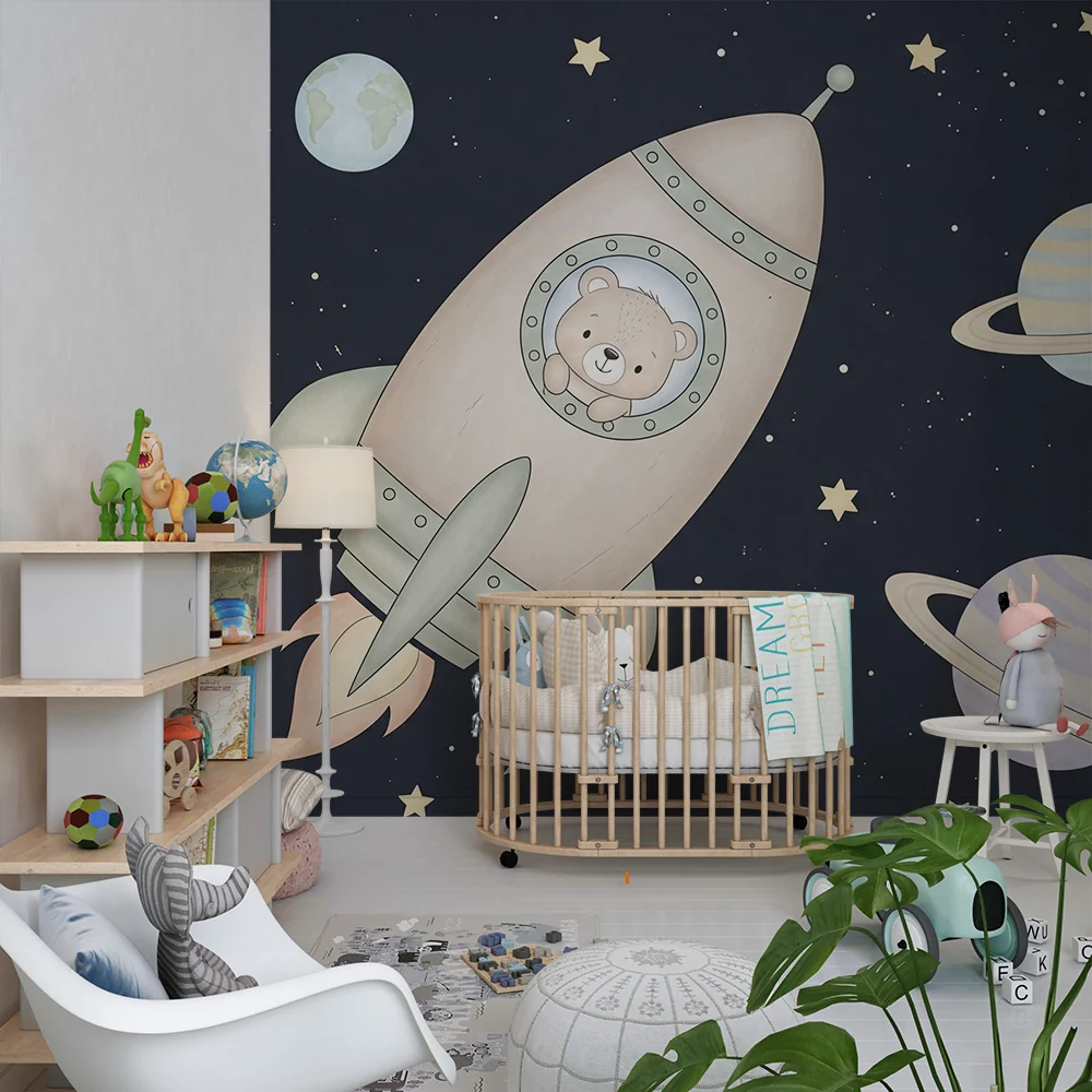 Nursery room wallpaper | Űrkaland kismedvével az űrhajójában