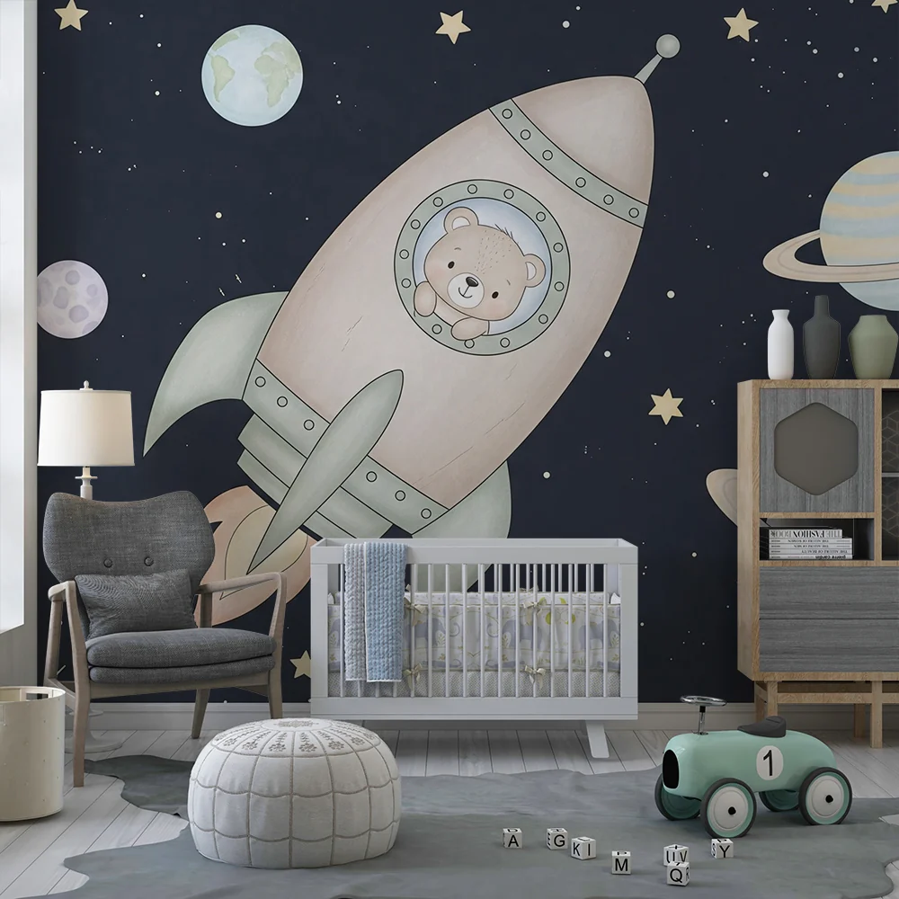 Nursery room wallpaper | Űrkaland kismedvével az űrhajójában