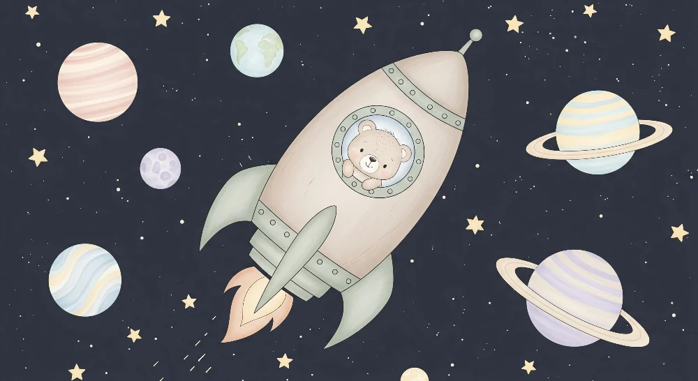 Nursery room wallpaper | Űrkaland kismedvével az űrhajójában