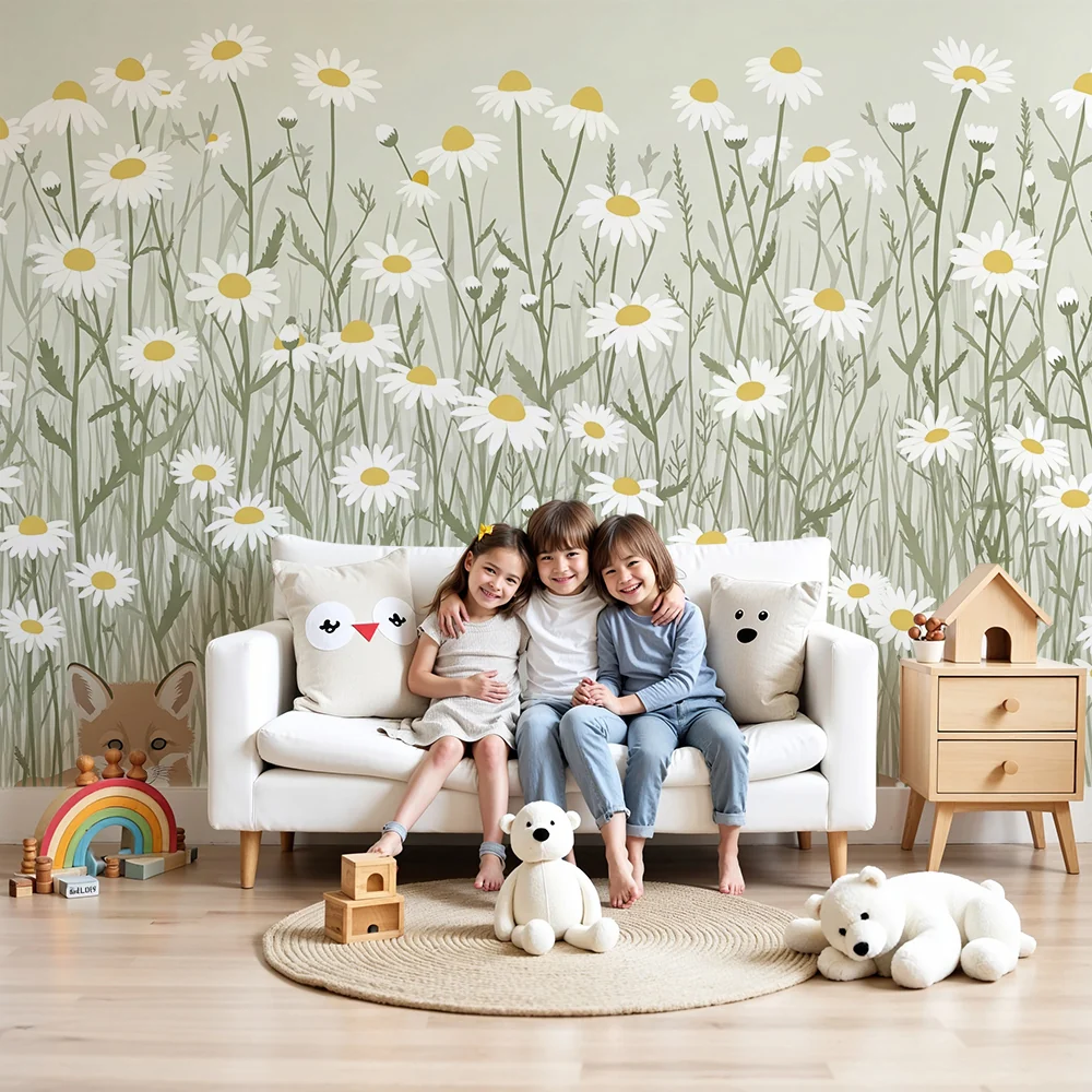 Nursery room wallpaper | Rókák egy margaréta mezőben