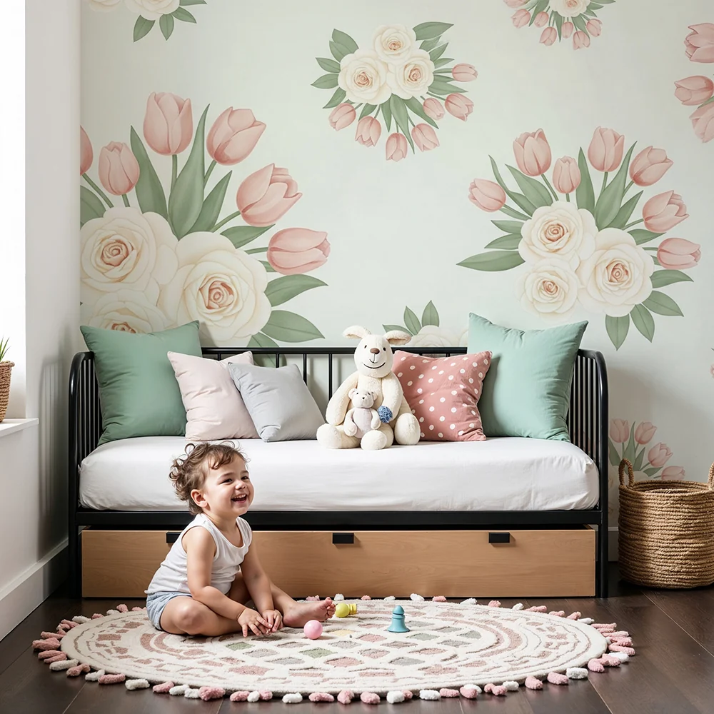 Nursery room wallpaper | Rózsák és finom tulipánok csokrai