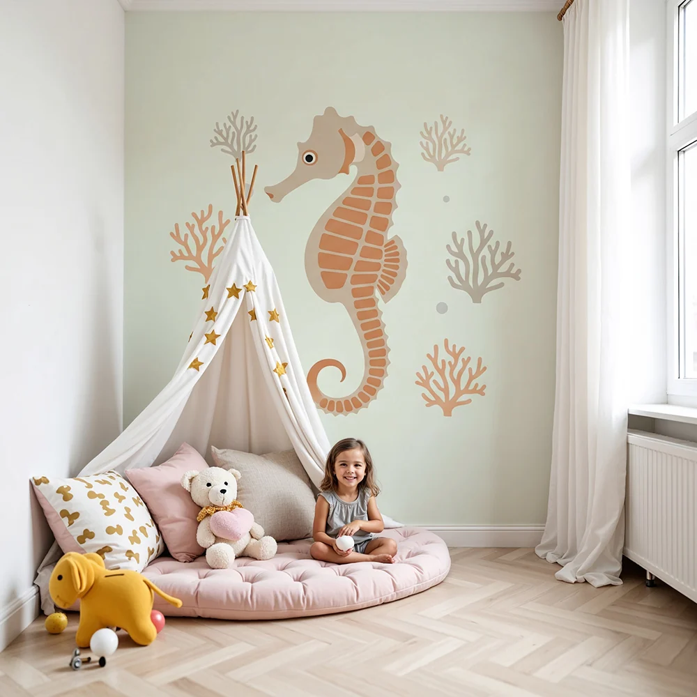 Nursery room wallpaper | Seahorse and corals soothing marine universe