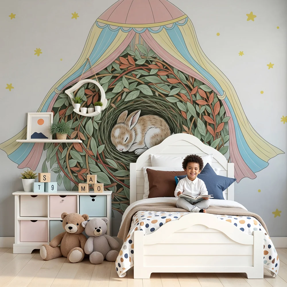Nursery room wallpaper | Sleeping bunny cozy nest