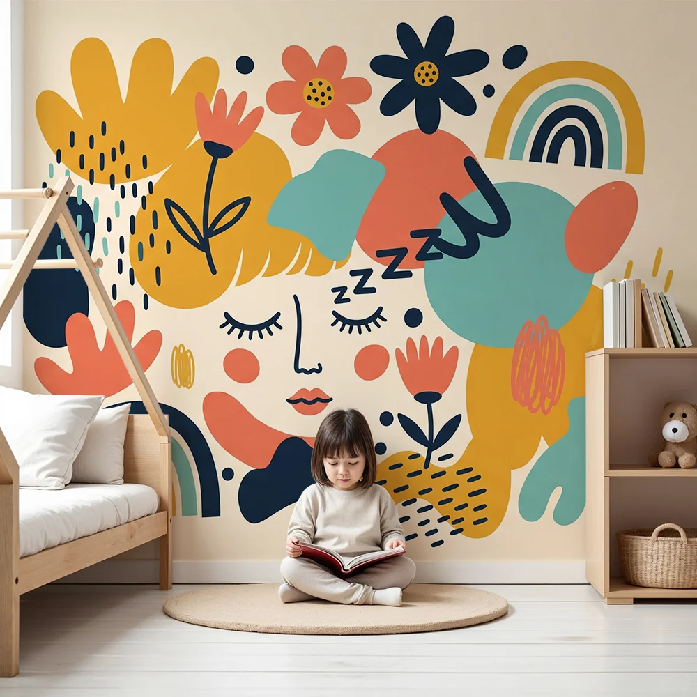 Nursery room wallpaper | Sleeping face surrounded flowers and colorful rainbows