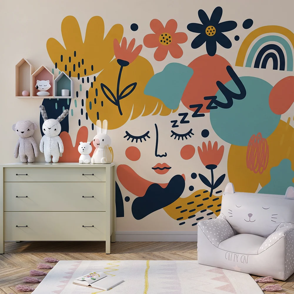 Nursery room wallpaper | Sleeping face surrounded flowers and colorful rainbows