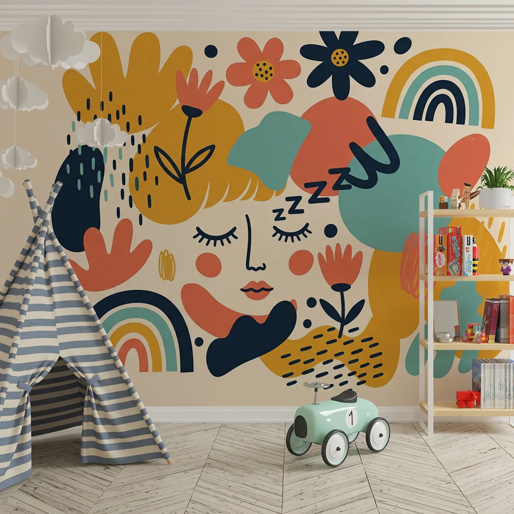 Nursery room wallpaper | Sleeping face surrounded flowers and colorful rainbows