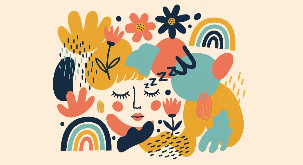 Nursery room wallpaper | Sleeping face surrounded flowers and colorful rainbows