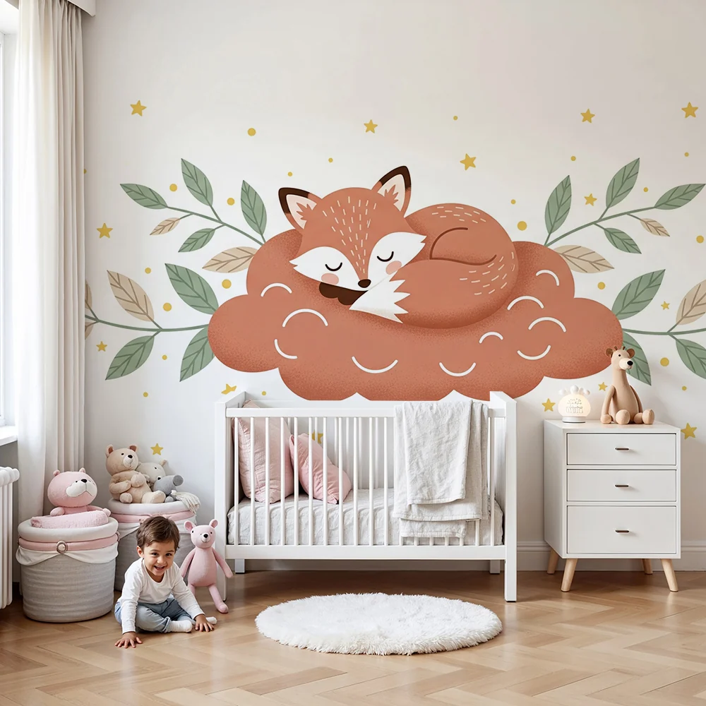 Nursery room wallpaper | Sleeping fox on cloud