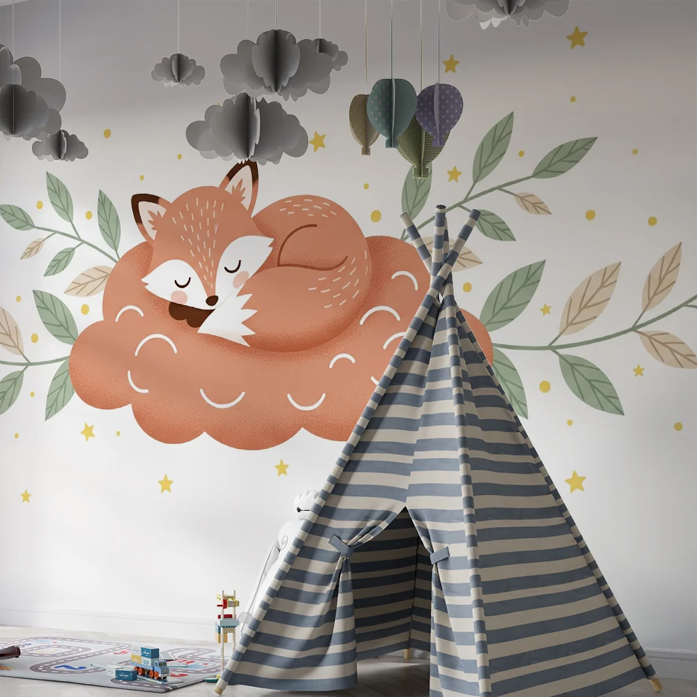 Nursery room wallpaper | Sleeping fox on cloud