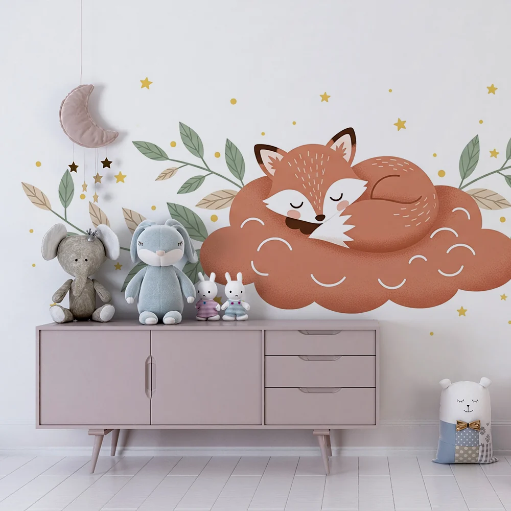 Nursery room wallpaper | Sleeping fox on cloud
