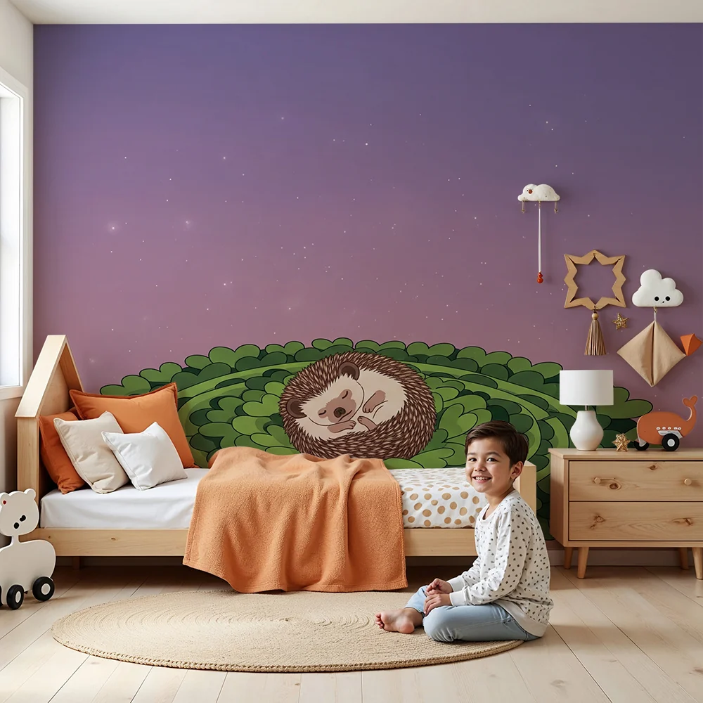 Nursery room wallpaper | Sleeping hedgehog on bed green leaves under starry sky
