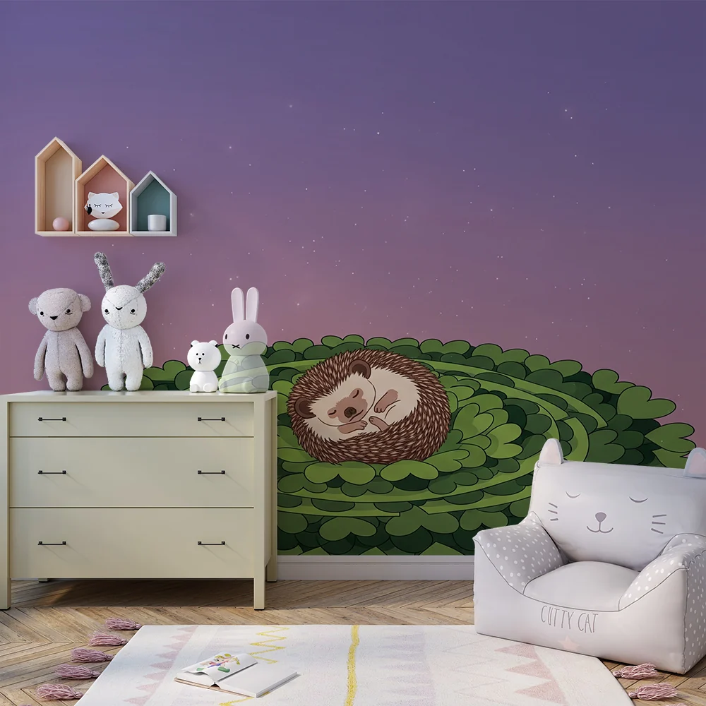 Nursery room wallpaper | Sleeping hedgehog on bed green leaves under starry sky
