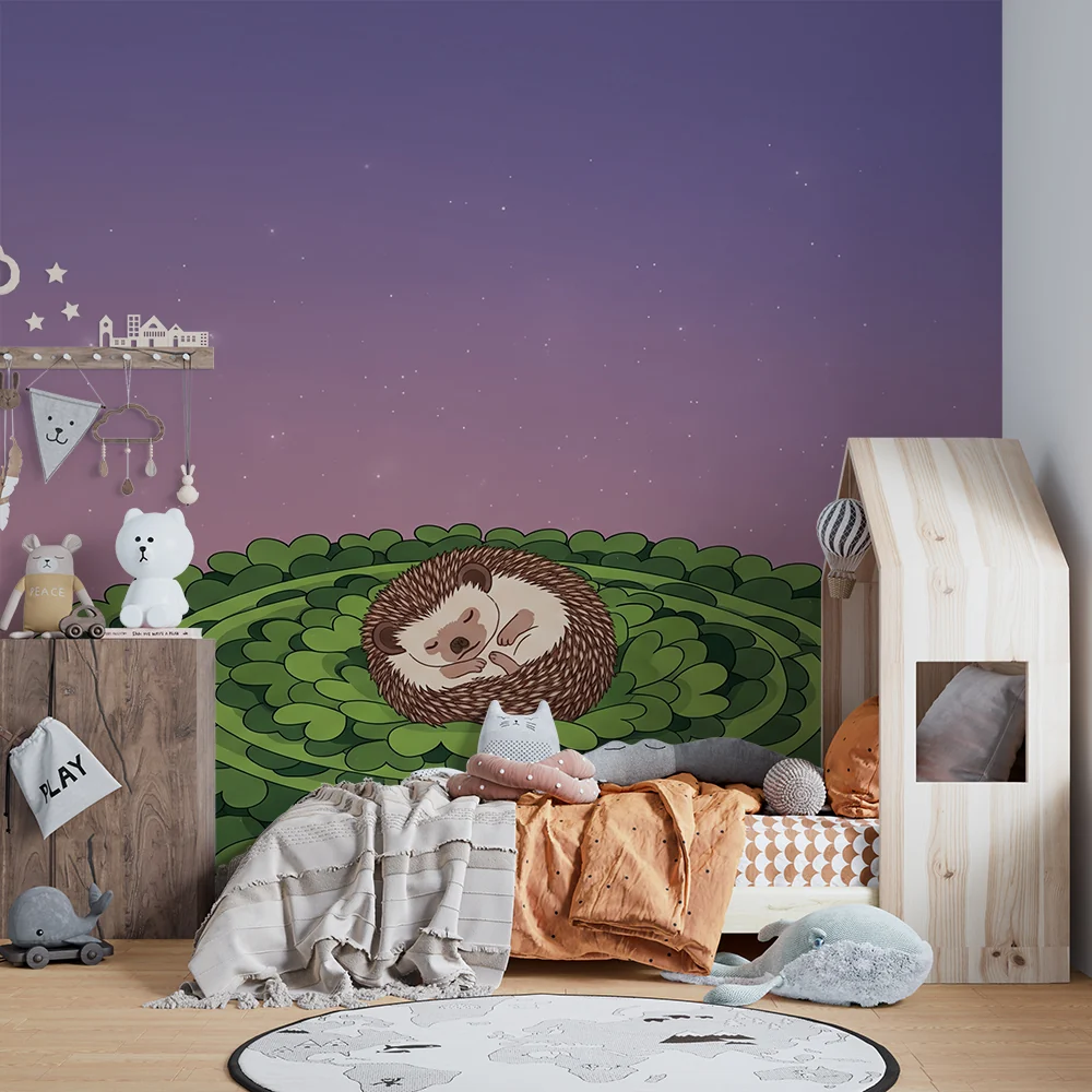 Nursery room wallpaper | Sleeping hedgehog on bed green leaves under starry sky