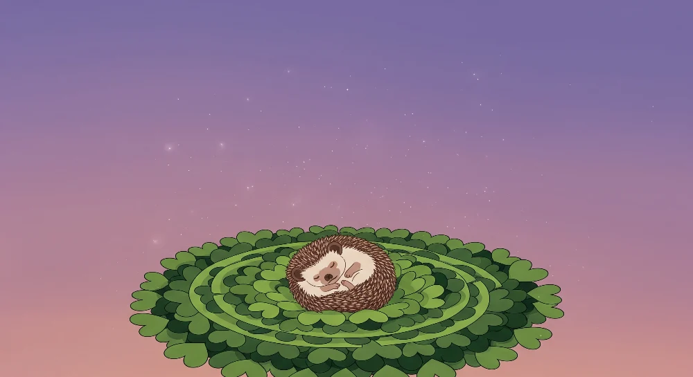 Nursery room wallpaper | Sleeping hedgehog on bed green leaves under starry sky