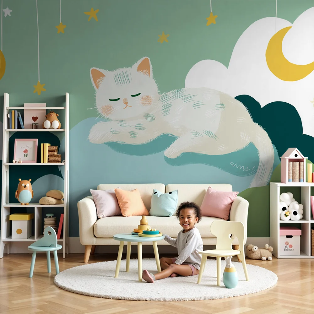 Nursery room wallpaper | Sleeping kitten among clouds and golden stars