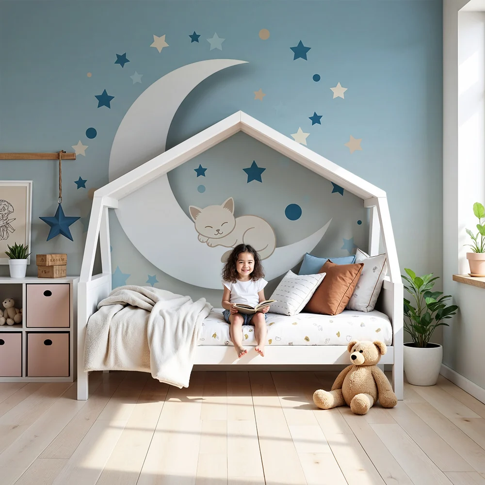Nursery room wallpaper | Sleeping kitten on moon stars
