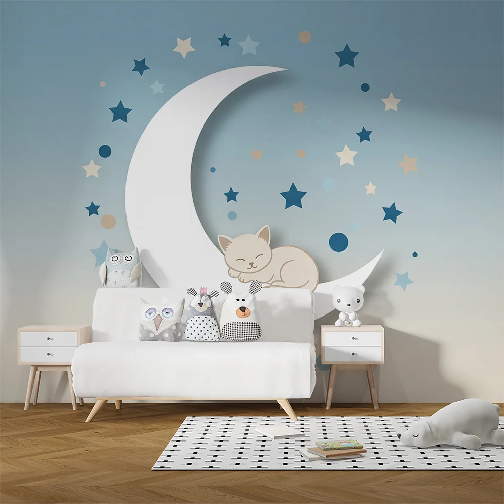 Nursery room wallpaper | Sleeping kitten on moon stars