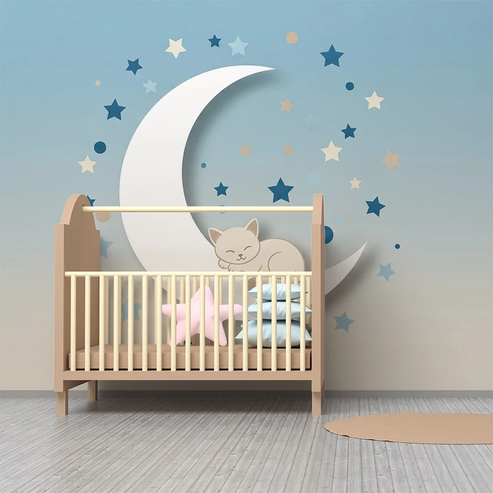 Nursery room wallpaper | Sleeping kitten on moon stars