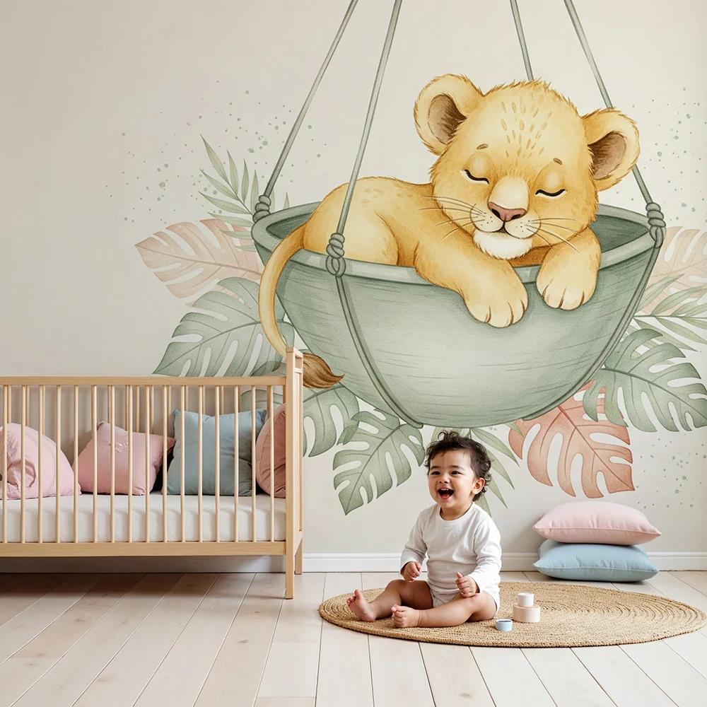 Nursery room wallpaper | Sleeping lion cub hammock