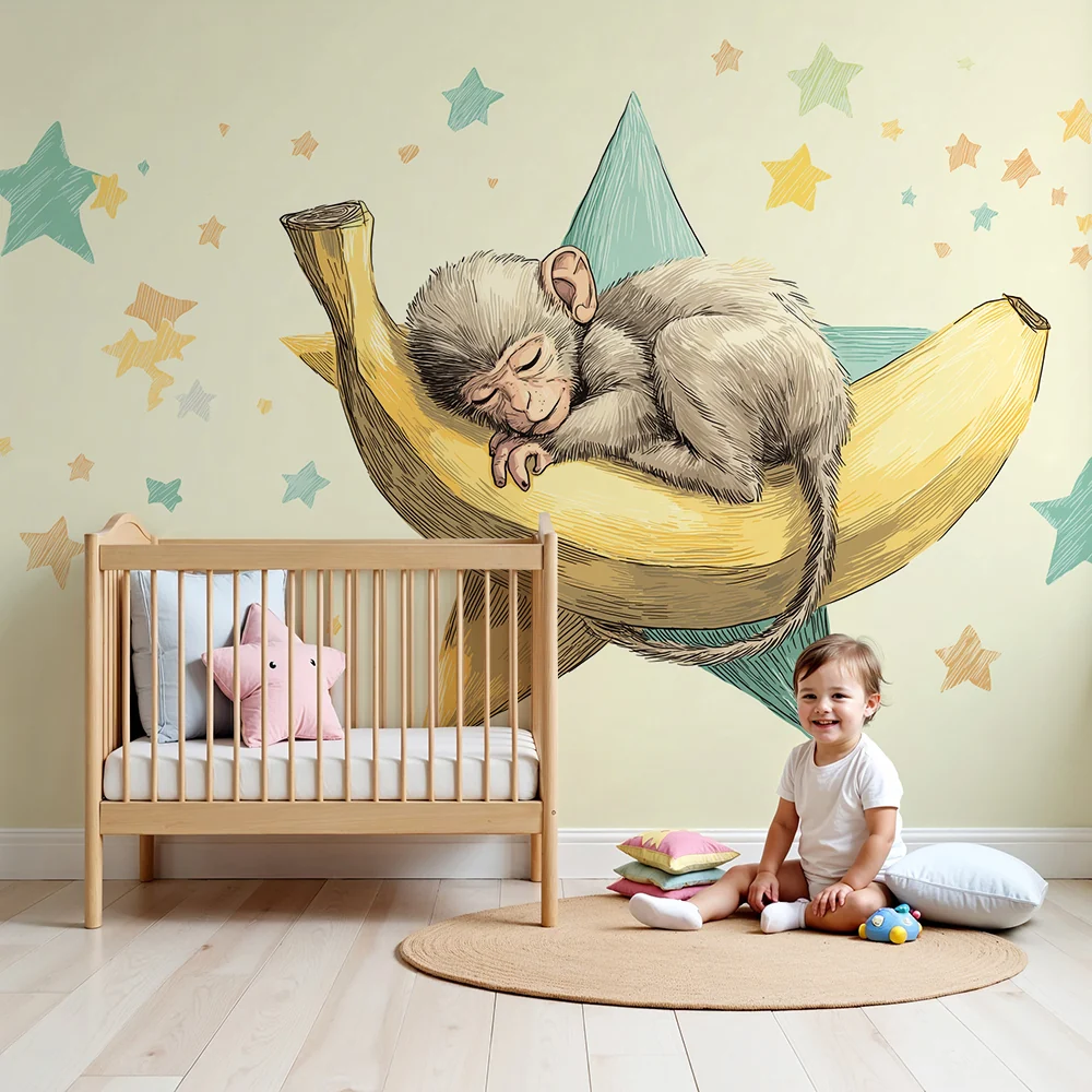 Nursery room wallpaper | Sleeping monkey on starry banana