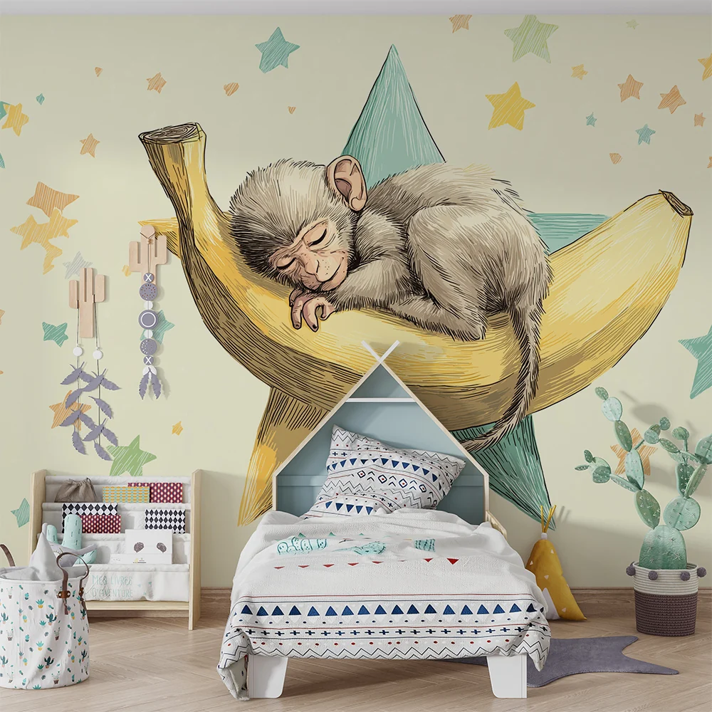 Nursery room wallpaper | Sleeping monkey on starry banana