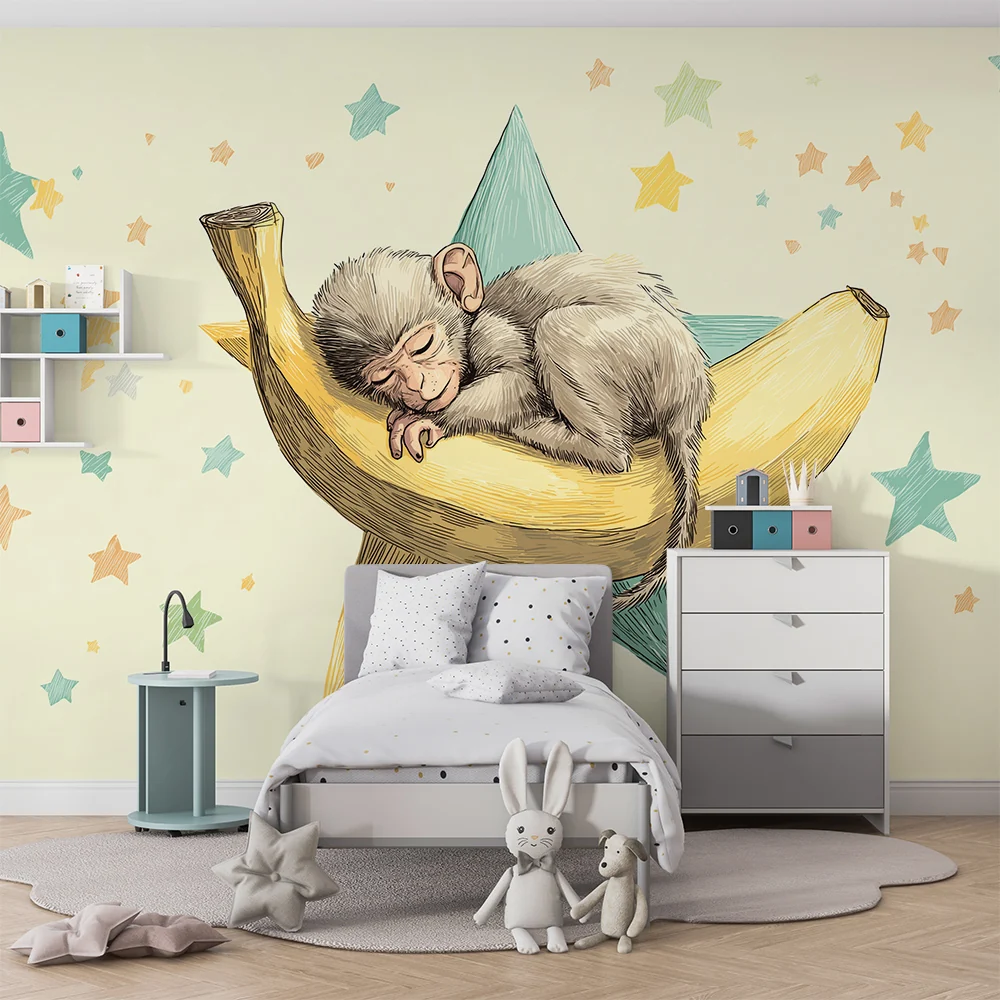 Nursery room wallpaper | Sleeping monkey on starry banana