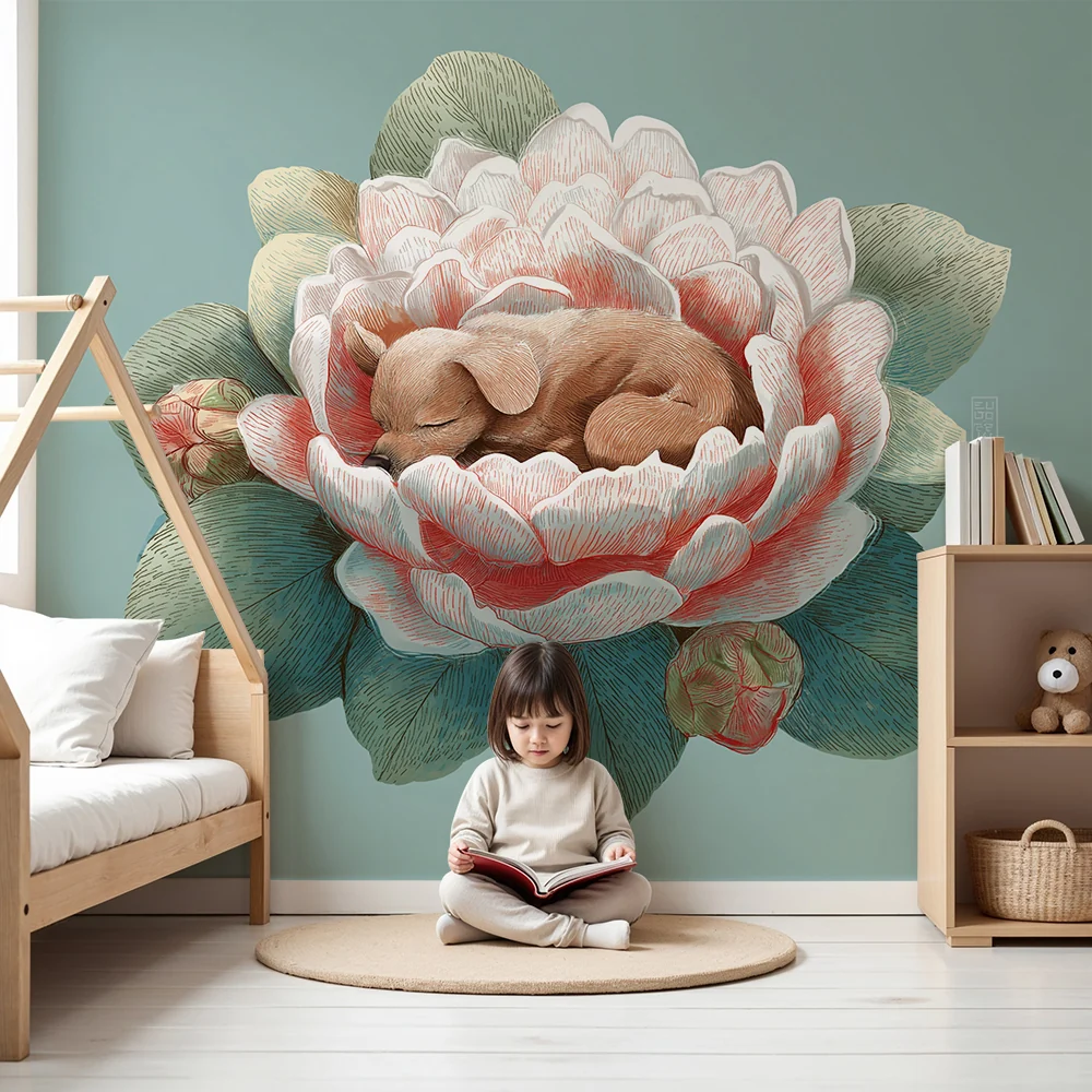 Nursery room wallpaper | Sleeping puppy delicate flower