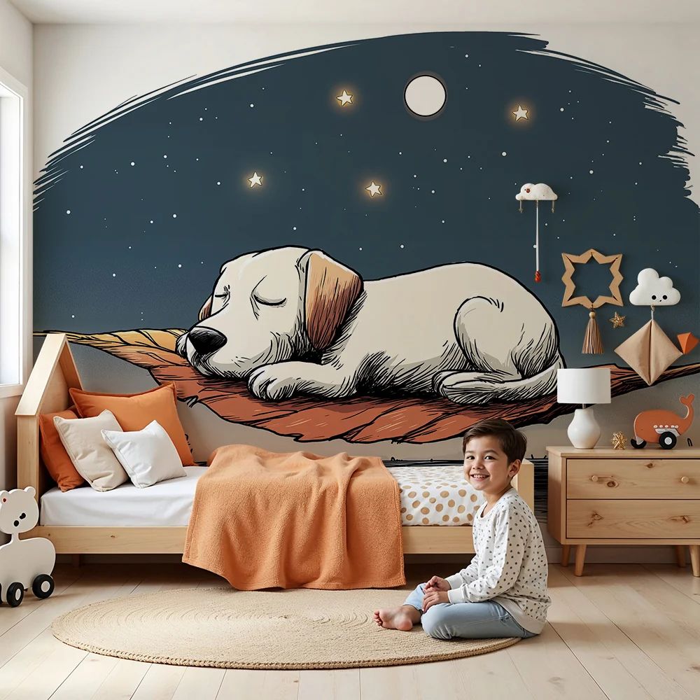 Nursery room wallpaper | Sleeping puppy on leaf under starry sky