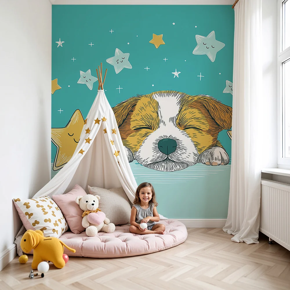Nursery room wallpaper | Sleeping puppy surrounded smiling stars