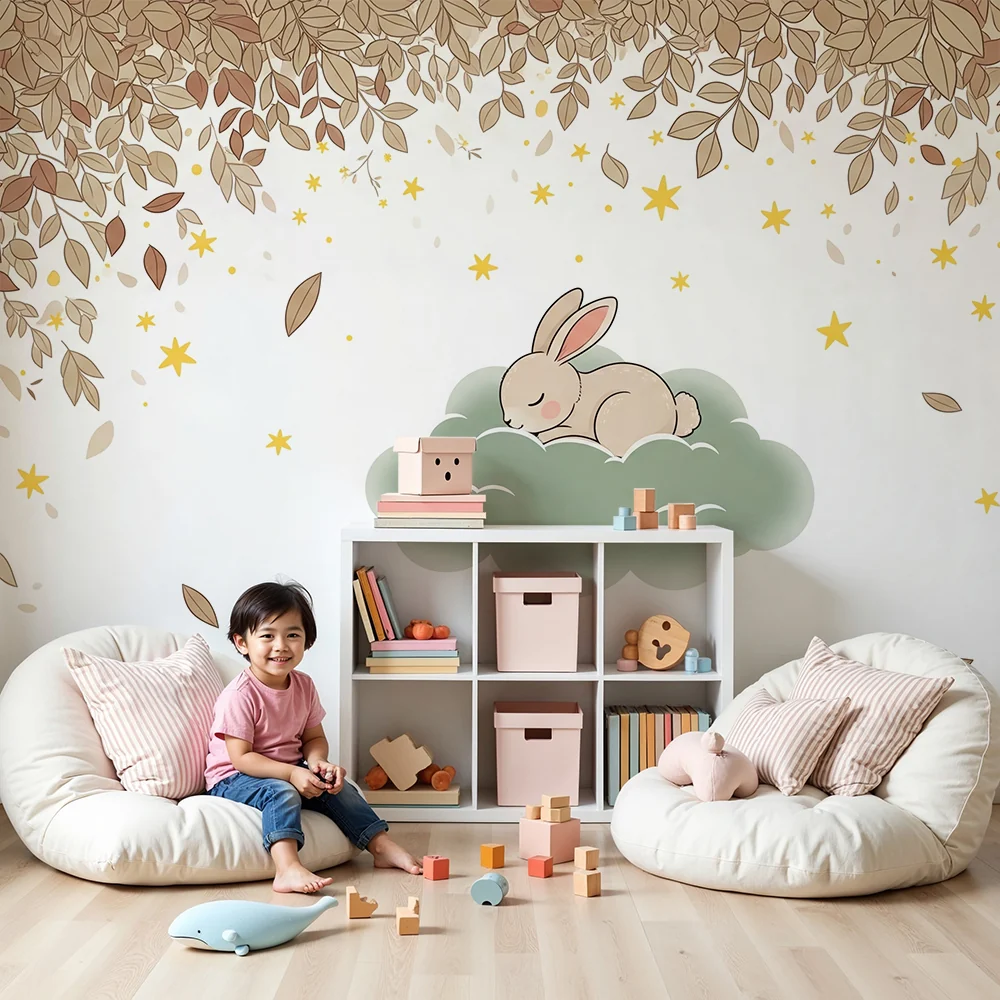 Nursery room wallpaper | Sleeping rabbit on cloud