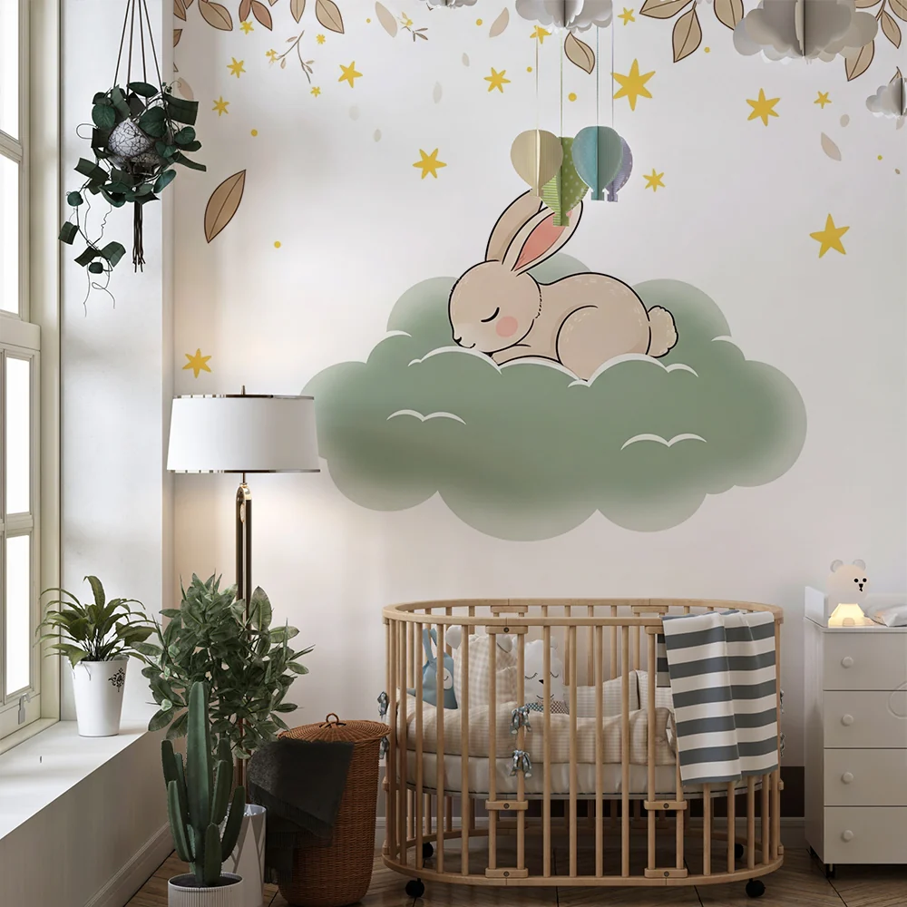 Nursery room wallpaper | Sleeping rabbit on cloud