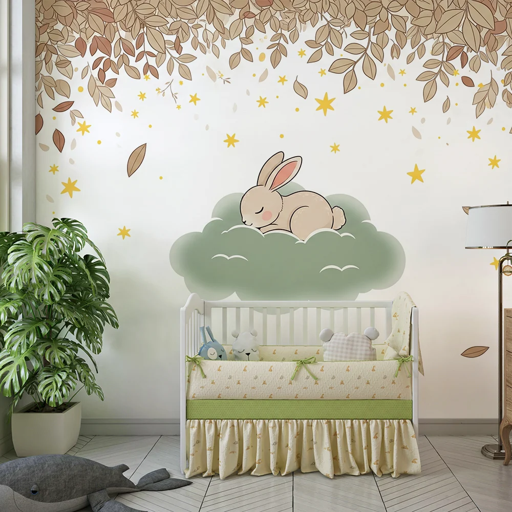 Nursery room wallpaper | Sleeping rabbit on cloud