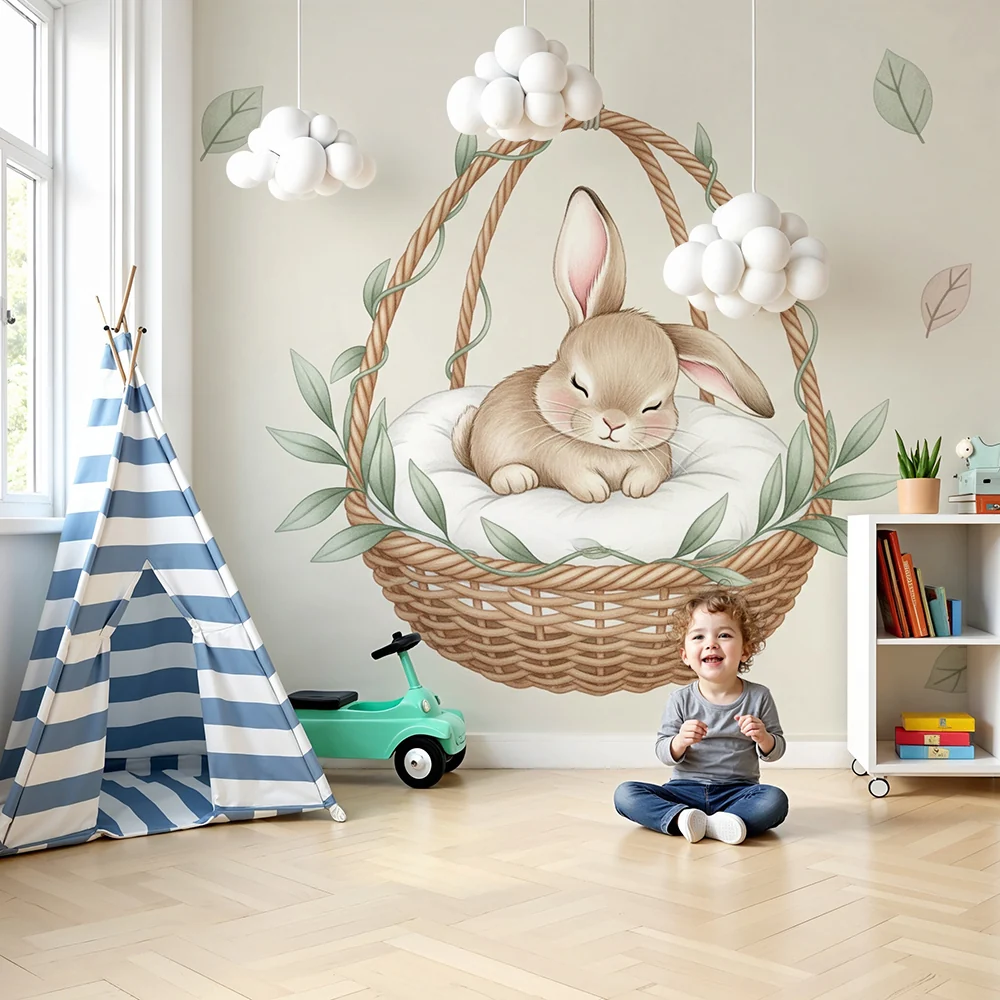 Nursery room wallpaper | Sleeping rabbit its basket