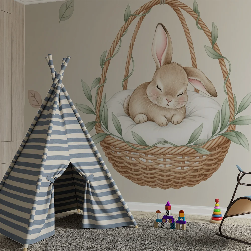 Nursery room wallpaper | Sleeping rabbit its basket