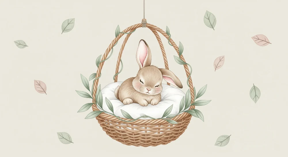 Nursery room wallpaper | Sleeping rabbit its basket