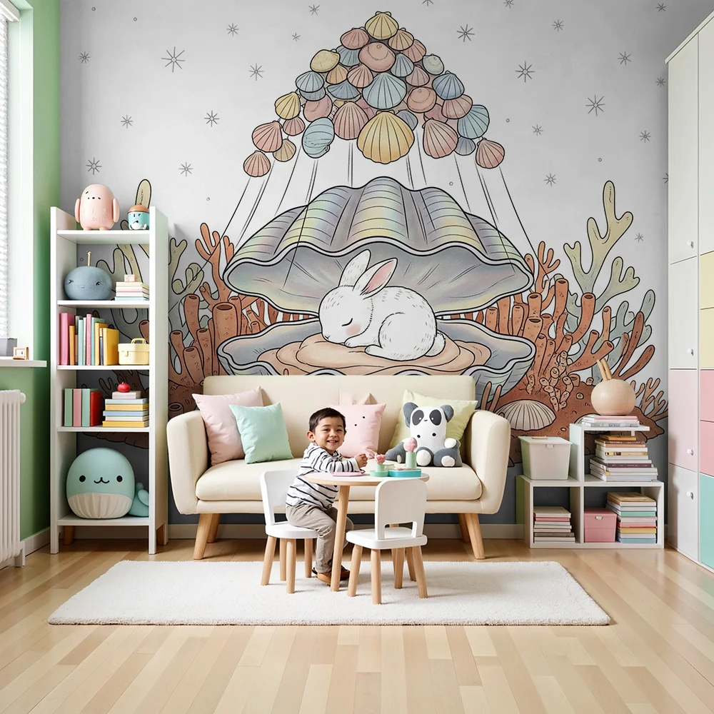 Nursery room wallpaper | Sleeping rabbit shell