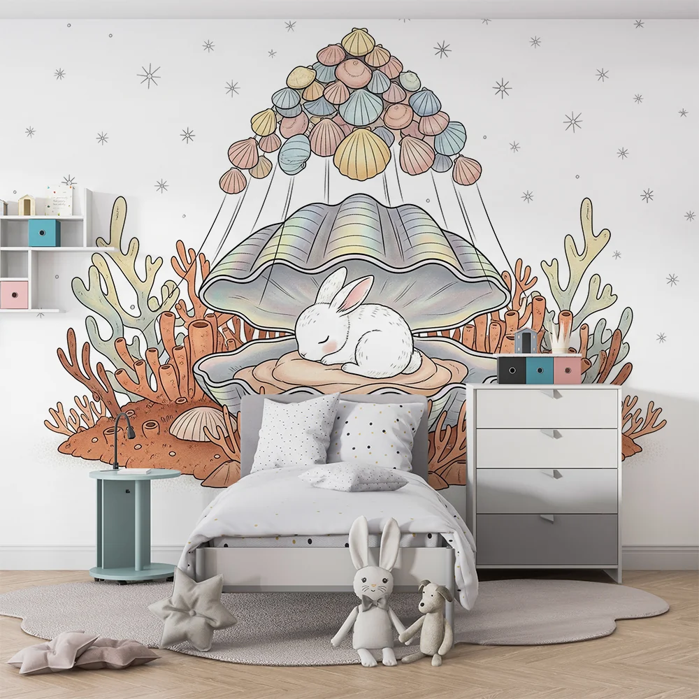 Nursery room wallpaper | Sleeping rabbit shell